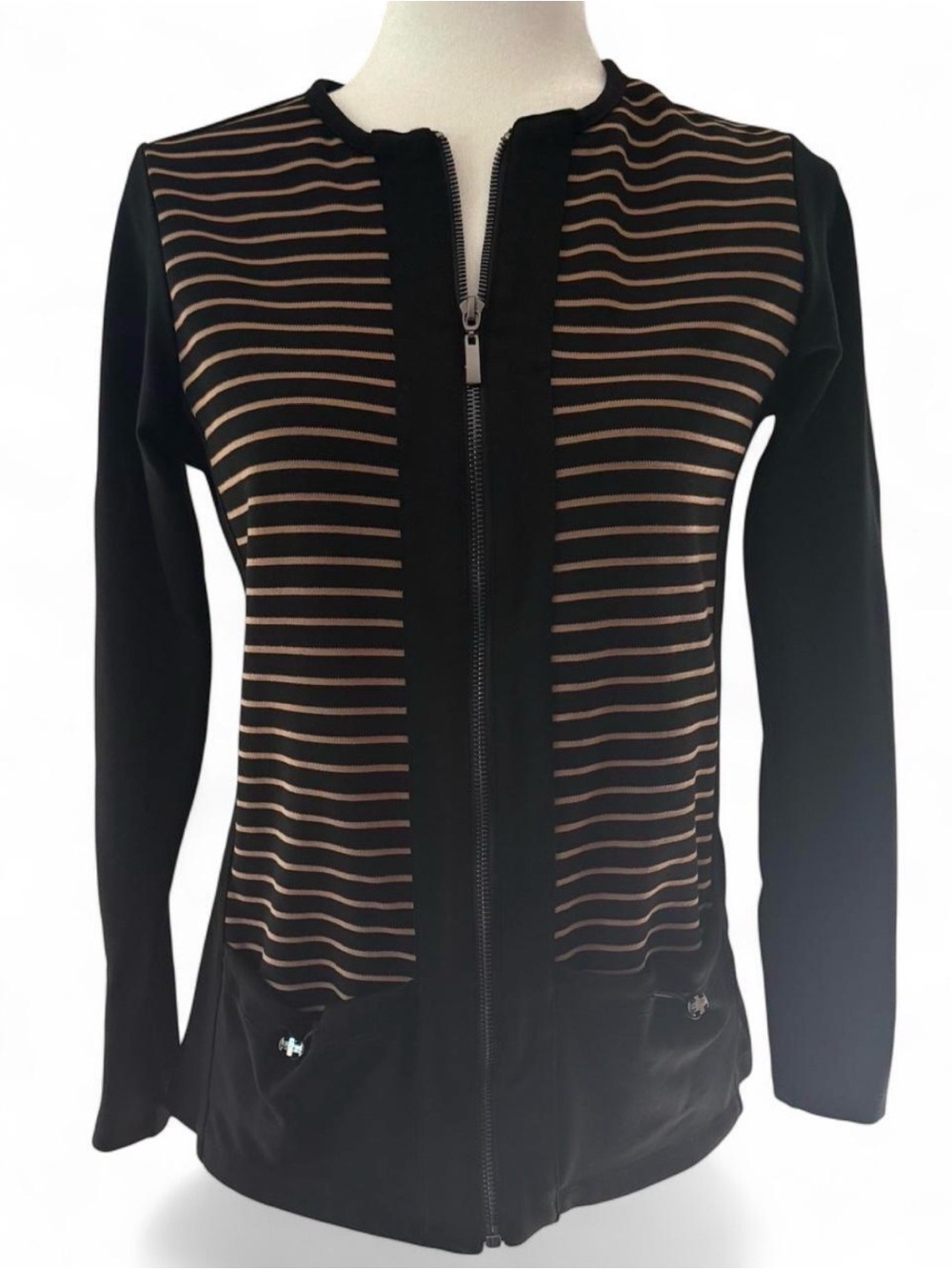 Orly Black and Tan Striped Full Zip Athleisure Jacket